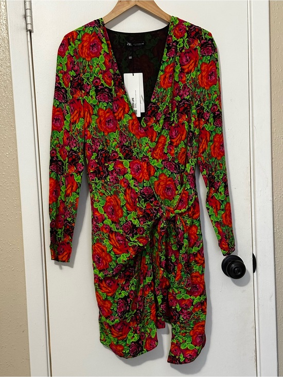 Zara Dresses & Skirts - New With Tags! Zara Neon Floral Long Sleeve Knot Front Dress – Size Medium (M)